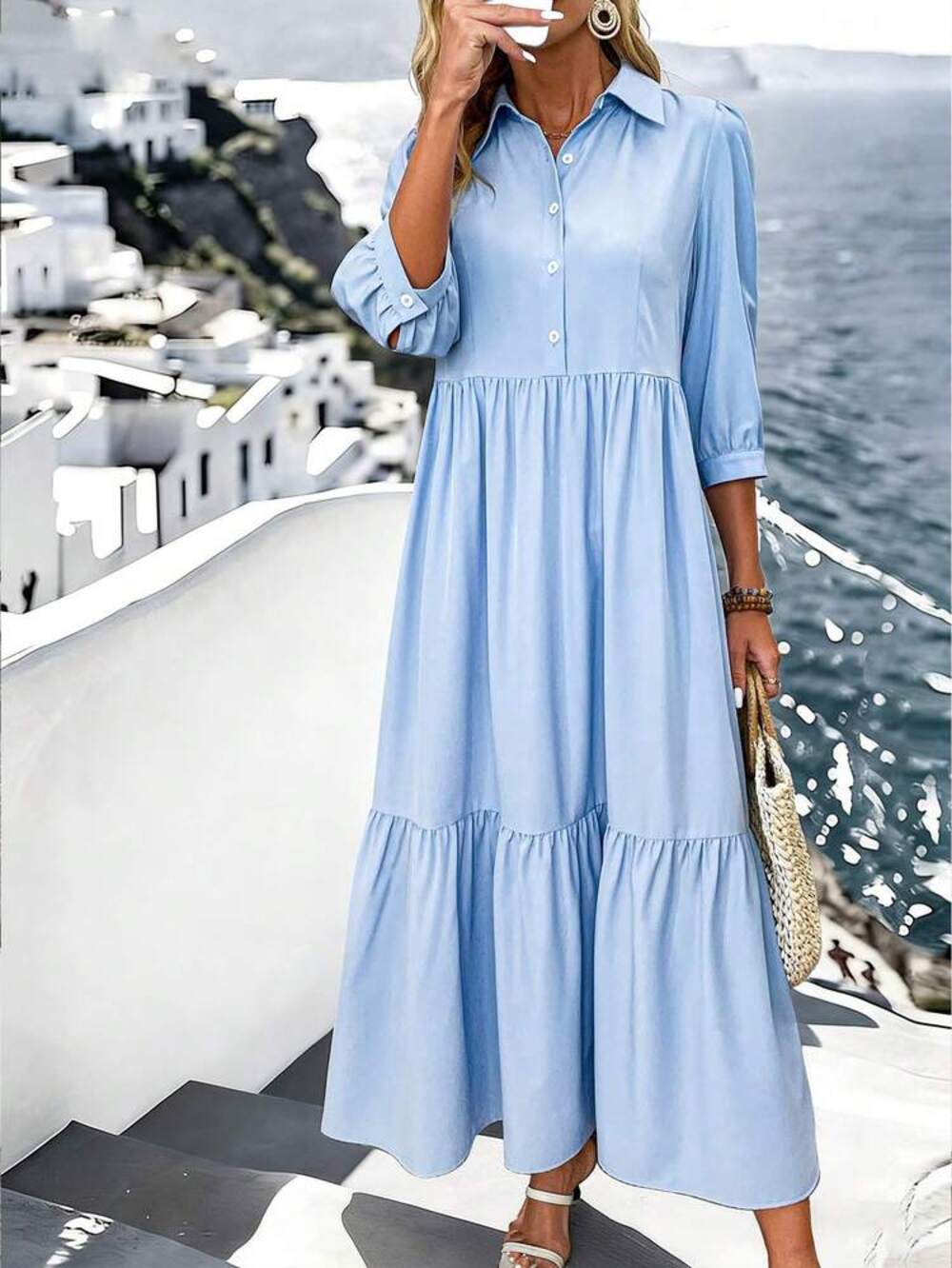 NWOT SHEIN Curve Blue Plus Size Button Front Tiered Long Sleeve Boho Dress, 2XL